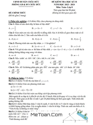Đề thi học kì 2 Toán 8 năm 2023 - 2024 phòng GD&ĐT Châu Đức - Bà Rịa Vũng Tàu