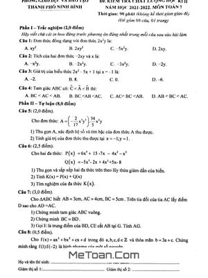 Đề thi học kì 2 Toán 7 năm 2021 - 2022 phòng GD&ĐT thành phố Ninh Bình