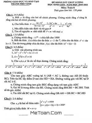 Đề thi HSG Toán 8 năm 2020 - 2021 phòng GD&ĐT thành phố Vinh - Nghệ An