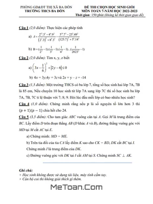Đề thi học sinh giỏi Toán 7 năm 2022 - 2023 trường THCS Ba Đồn - Quảng Bình