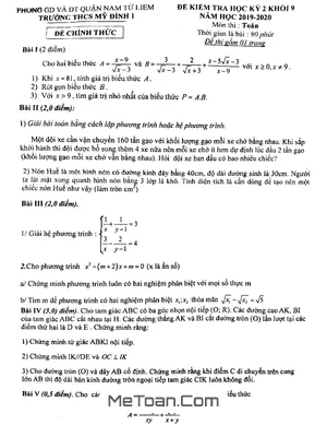 Đề thi học kỳ 2 Toán 9 năm học 2019 - 2020 trường THCS Mỹ Đình 1 - Hà Nội