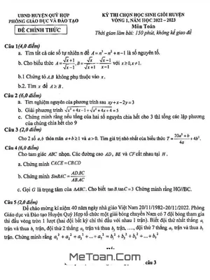 Đề thi HSG huyện Toán 9 vòng 1 năm 2022 - 2023 phòng GD&ĐT Quỳ Hợp - Nghệ An