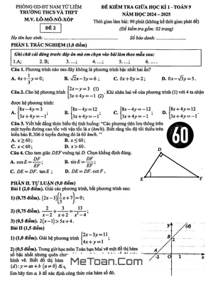 Đề giữa học kì 1 Toán 9 năm 2024 - 2025 trường M.V. Lômônôxốp - Hà Nội