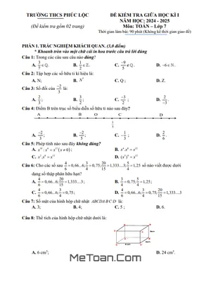 Đề thi giữa kì 1 Toán 7 năm 2024 - 2025 trường THCS Phúc Lộc - Hà Tĩnh