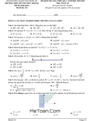 Đề giữa học kỳ 1 Toán 10 năm 2024 - 2025 trường THPT Huỳnh Thúc Kháng - Nghệ An