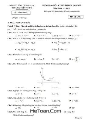 Đề Thi Giữa Học Kỳ 2 Toán 11 Năm 2024 – 2025 Trường THPT Âu Cơ – Quảng Nam