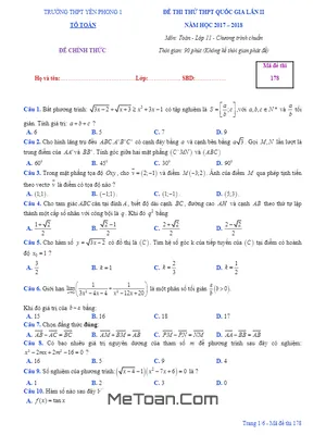 Đề thi thử Toán 11 THPTQG 2018 trường Yên Phong 1 – Bắc Ninh lần 2 có đáp án