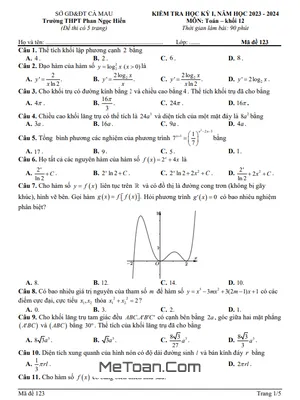 Đề thi học kỳ 1 Toán 12 năm 2023 - 2024 trường THPT Phan Ngọc Hiển - Cà Mau (có đáp án)