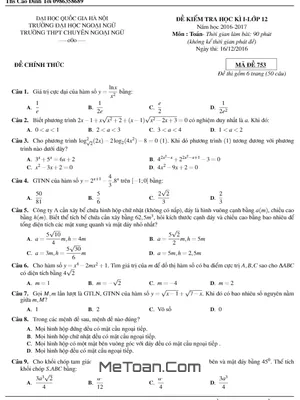 Đề thi HK1 Toán 12 năm 2016 - 2017 trường THPT chuyên Ngoại ngữ - Hà Nội