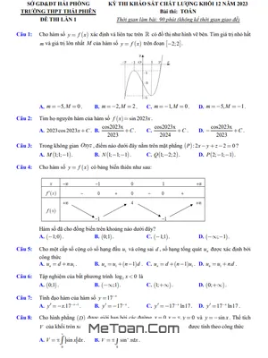 Đề thi khảo sát Toán 12 lần 1 năm 2023 trường THPT Thái Phiên - Hải Phòng