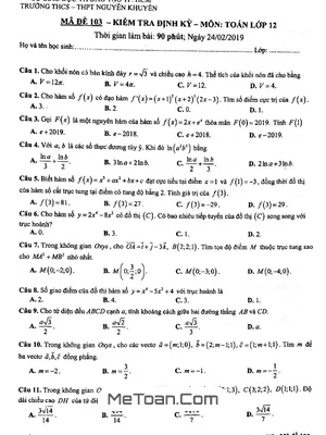 Đề kiểm tra định kỳ Toán 12 tháng 02/2019 trường Nguyễn Khuyến – TP. HCM