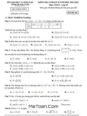 Đề thi Toán 10 cuối kỳ 2 năm 2022 có lời giải - Sở GD&ĐT Quảng Nam