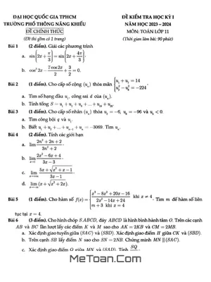 Đề thi học kỳ 1 Toán 11 năm 2023 - 2024 trường Phổ thông Năng khiếu - TP HCM