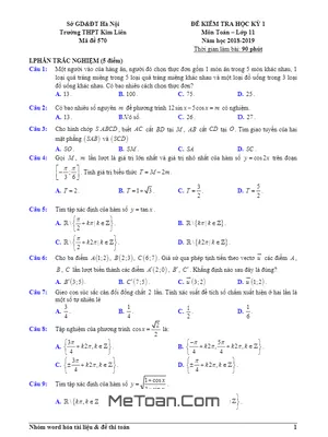 Đề kiểm tra Học kỳ 1 Toán 11 năm học 2018 - 2019 trường THPT Kim Liên - Hà Nội