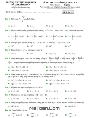 Đề thi học kì 2 Toán 12 năm 2019 - 2020 trường THPT Thủ Khoa Huân - TP HCM