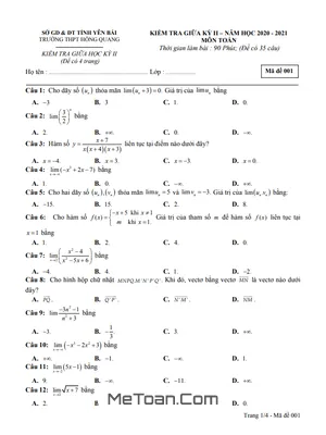 Đề thi giữa kỳ 2 Toán 11 năm 2020 - 2021 trường THPT Hồng Quang - Yên Bái