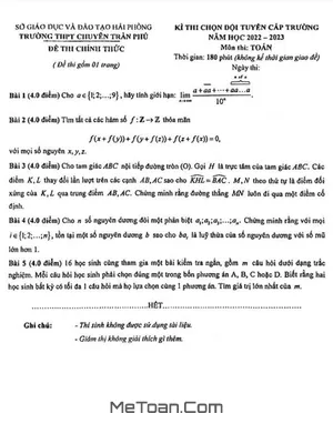 Đề Thi Chọn Đội Tuyển Toán 2022 - 2023 Trường THPT Chuyên Trần Phú - Hải Phòng