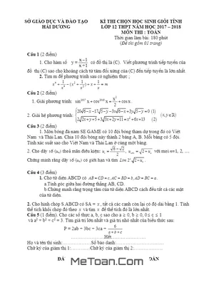 Đề thi HSG Toán 12 tỉnh Hải Dương năm 2017 - 2018 có lời giải - Toán Học