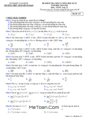 Đề thi HK2 Toán 11 năm 2019 - 2020 trường THPT Trần Hưng Đạo - Nam Định