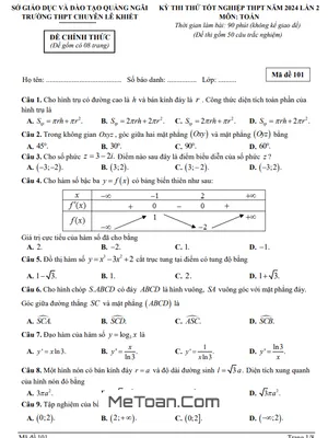 Đề thi thử THPT 2024 lần 2 môn Toán trường chuyên Lê Khiết – Quảng Ngãi
