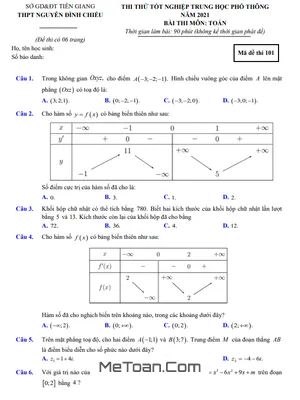 Đề thi thử Toán TN THPT 2021 trường THPT Nguyễn Đình Chiểu – Tiền Giang