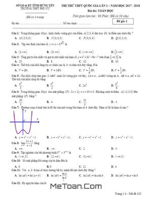 Đề thi thử THPT Quốc gia 2018 môn Toán trường THPT Phù Cừ - Hưng Yên lần 1