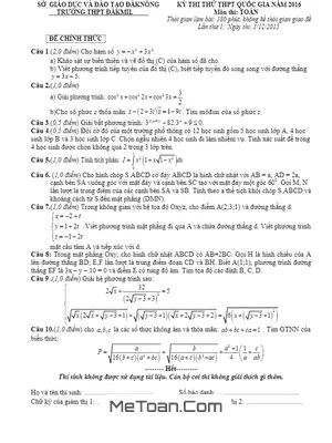 Đề thi thử THPT Quốc gia 2016 môn Toán lần 1 trường THPT Đắk Mil - Đắk Nông
