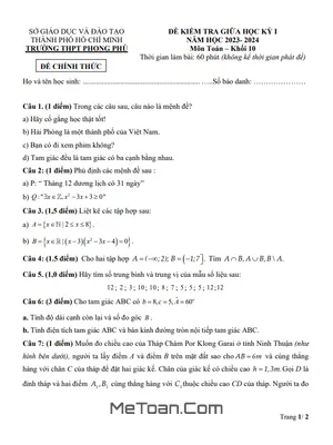 Đề Thi Giữa Học Kỳ 1 Toán 10 Năm 2023 - 2024 Trường THPT Phong Phú - TP HCM