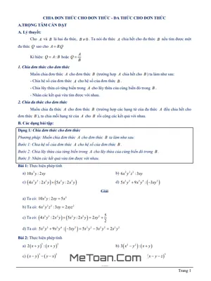 Chuyên Đề Chia Đơn Thức Cho Đơn Thức, Chia Đa Thức Cho Đơn Thức Lớp 8
