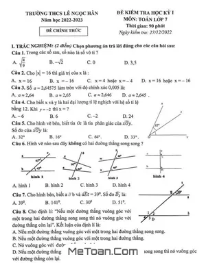 Đề Thi Học Kỳ 1 Toán 7 Năm 2022-2023 Trường THCS Lê Ngọc Hân - Hà Nội