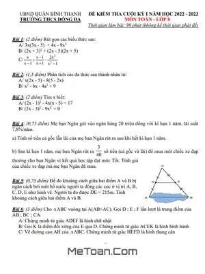Đề tham khảo cuối kỳ 1 Toán 8 năm 2022 - 2023 trường THCS Đống Đa - TP HCM