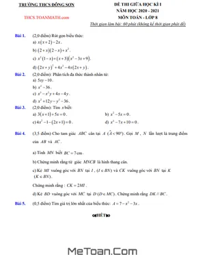 Đề thi giữa kì 1 Toán 8 năm 2020 - 2021 trường THCS Đông Sơn - Hà Nội (có đáp án)