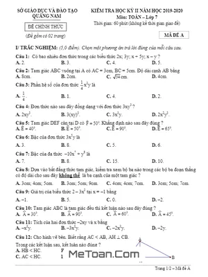 Đề thi học kỳ 2 Toán 7 năm học 2019 - 2020 sở GD&ĐT Quảng Nam
