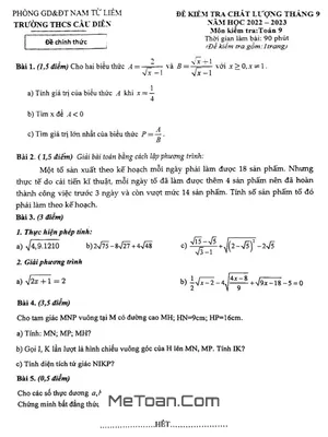 Đề kiểm tra chất lượng Toán 9 tháng 9 năm 2022 trường THCS Cầu Diễn – Hà Nội