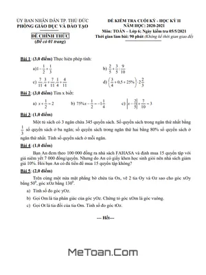 Đề thi học kì 2 Toán lớp 6 năm 2020 - 2021 phòng GD&ĐT Thủ Đức - TP HCM
