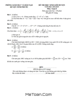 Đề thi HSG Toán 8 năm 2018 - 2019 huyện Ninh Phước - Ninh Thuận (có lời giải)