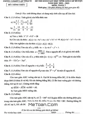 Đề thi HSG Toán 7 cấp huyện năm 2022-2023 phòng GD&ĐT Lập Thạch, Vĩnh Phúc