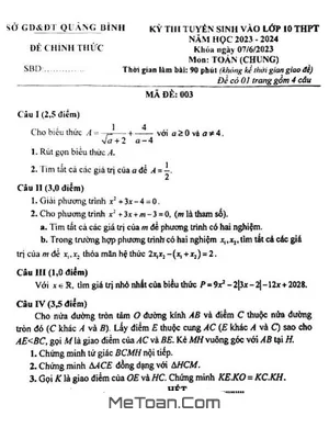 Đề thi tuyển sinh lớp 10 môn Toán (chung) năm 2023 - 2024 Sở GD&ĐT Quảng Bình