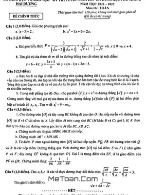 Đề thi tuyển sinh lớp 10 môn Toán Hải Dương năm 2022 - 2023