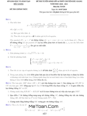 Đề thi Tuyển sinh Lớp 10 Môn Toán Chuyên Bắc Giang Năm 2020 - 2021