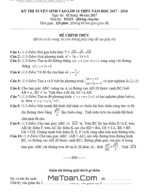 Đề thi tuyển sinh lớp 10 môn Toán Tây Ninh năm 2017 - 2018 có lời giải