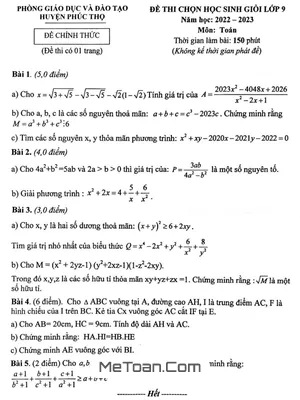 Đề thi học sinh giỏi Toán 9 năm 2022 - 2023 phòng GD&ĐT huyện Phúc Thọ - Hà Nội