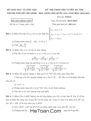 Đề chọn đội tuyển thi HSG QG môn Toán THPT năm 2024 - 2025 sở GD&ĐT TP HCM