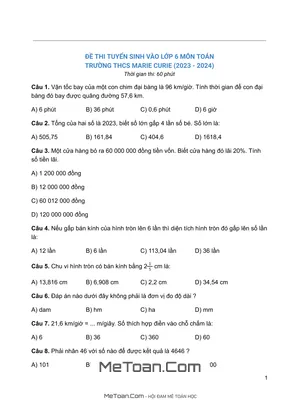Đề Thi Tuyển Sinh Vào Lớp 6 Marie Curie Môn Toán Năm 2023