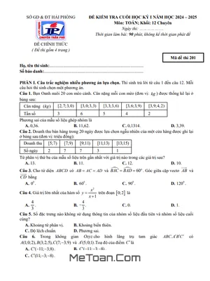 Đề thi học kỳ 1 Toán 12 chuyên năm 2024 - 2025 trường THPT chuyên Trần Phú - Hải Phòng