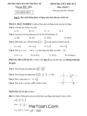 Đề Thi Giữa Kỳ 1 Toán 7 Năm 2025 - 2026 THCS Nguyễn Trường Tộ, Hà Nội (Có Đáp Án Chi Tiết)