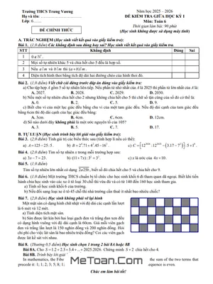 Đề thi giữa học kỳ 1 Toán 6 năm 2025 – 2026 trường THCS Trưng Vương – Hà Nội