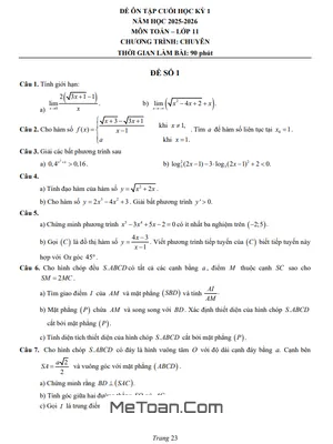 Đề Ôn Tập Học Kỳ 1 Toán 11 Năm 2025 – 2026 Trường Chuyên Lương Văn Chánh - Đắk Lắk