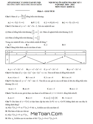 Ôn Tập Học Kì 1 Toán 12 Năm 2020 - 2021 Trường THPT Trần Phú - Hà Nội