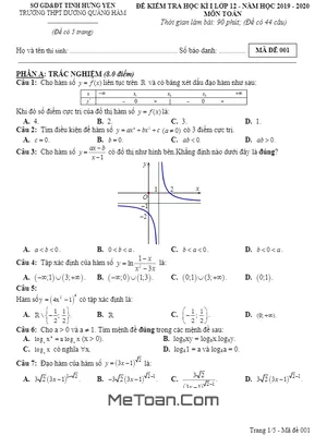 Đề thi HK1 Toán 12 năm 2019 - 2020 trường THPT Dương Quảng Hàm - Hưng Yên